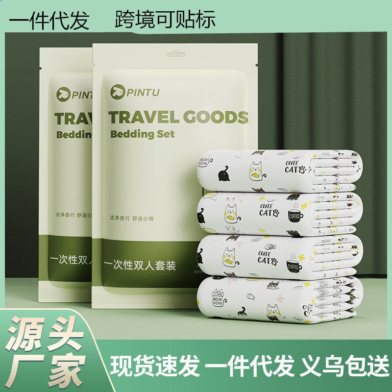 Travel Disposable Bed Sheet Quilt Cover Pillowcase Sleeping Bag Bedding Double Four-Piece Set Travel El Travel Portable - Image 2